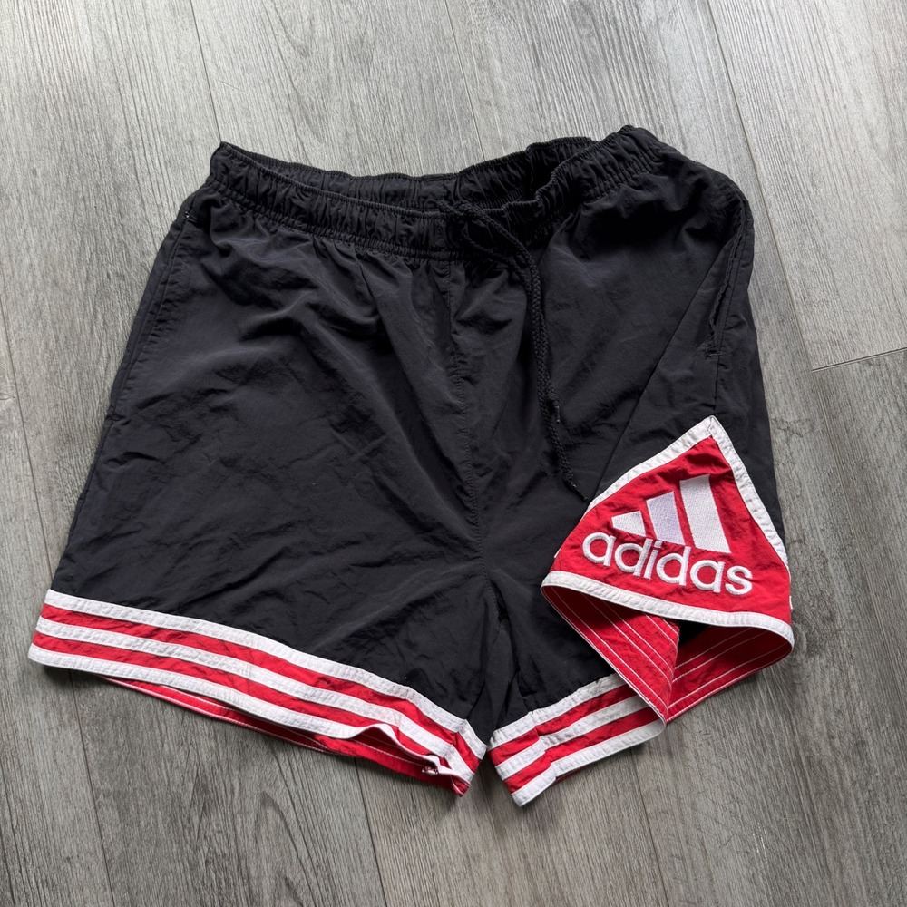 Adidas Vintage 90s Mens S P Black Red Nylon mesh Shorts 3-Stripe
